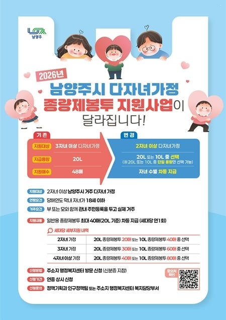 남양주시, 다자녀가정 종량제봉투 지원사업 대상 2자녀 이상으…